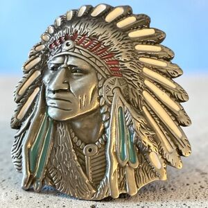 Silver Tone and Turquoise Colored Native American Chief Belt Buckle